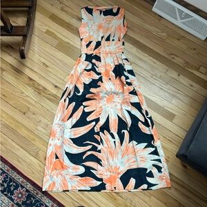 VTG 60s Floral Luau Sleeveless Maxi Dress Orange and Navy Blue